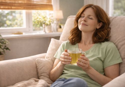 Midlife woman relaxing with herbal tea to support stress relief during menopause