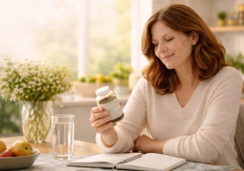 Midlife woman thoughtfully looking at ashwagandha supplement bottle