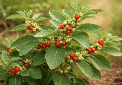 Ashwagandha plant growing naturally with red and green berries