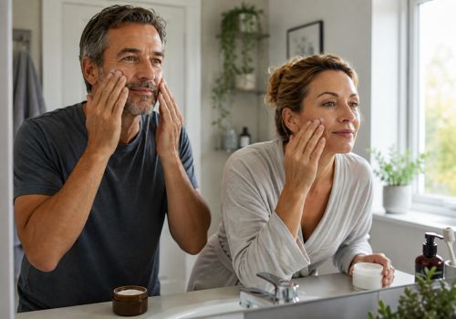 Middle-aged man and woman applying moisturizer during their morning skincare routine.