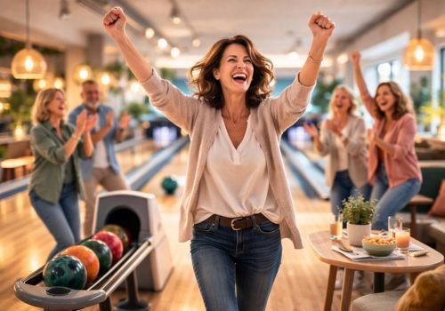Woman celebrating a bowling win with raised arms, illustrating confidence, movement, and emotional empowerment during menopause.