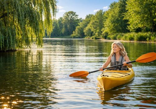 Midlife woman kayaking on a calm lake surrounded by lush green nature and sunlight, symbolizing how environmental factors influence menopause wellbeing and hormonal balance.