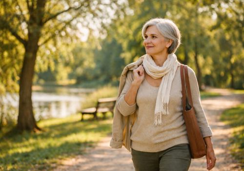 Confident midlife woman walking calmly through a sunlit park carrying a jacket and tote bag, symbolizing wellbeing and late-onset menopause lifestyle changes.