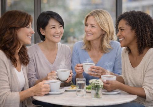 Group of midlife women discussing menopause experiences together over coffee