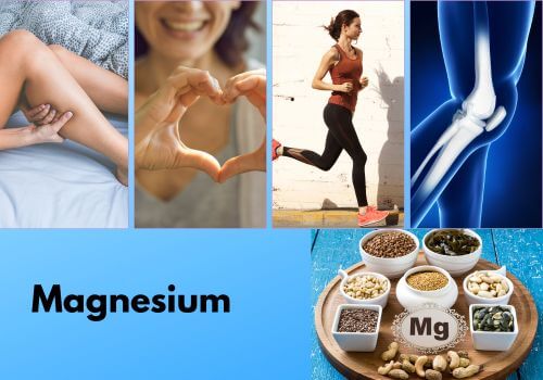 Collage showing muscle cramps, heart health, fitness, bone strength and magnesium-rich nuts and seeds
