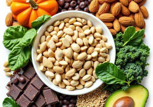 Colorful assortment of magnesium-rich foods including nuts, seeds, kale, avocado and dark chocolate