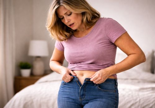 Midlife woman struggling to button tight jeans due to stubborn belly weight gain at home
