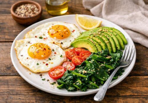 Eggs with avocado and leafy greens for hormone balance and bone health in menopause