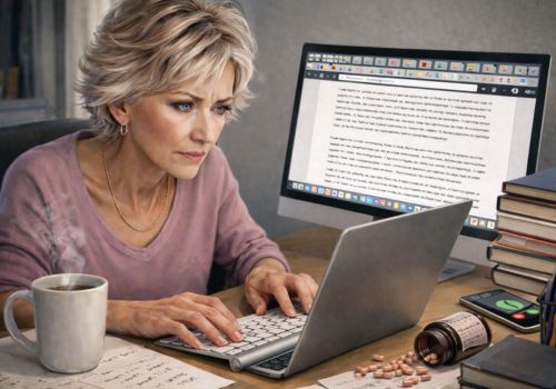 woman researching ADHD and menopause with many tabs open on laptop