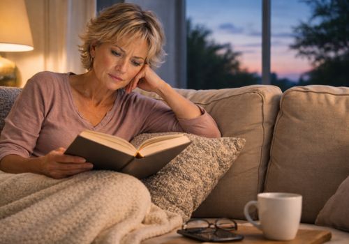 woman reading on couch late at night while dawn appears through window
