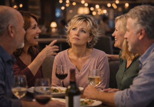 woman sitting quietly at a restaurant table while others talk around her