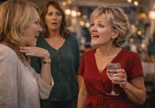 woman talking animatedly at a party while friend signals her to stop talking