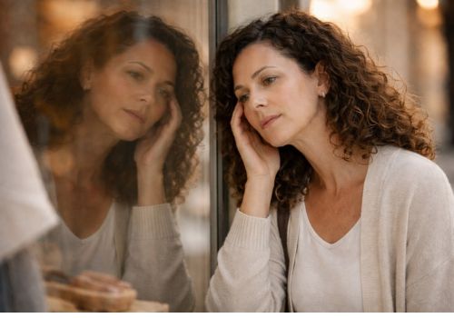 Midlife woman reflecting on brain fog and cognitive changes linked to inflammaging and menopause.