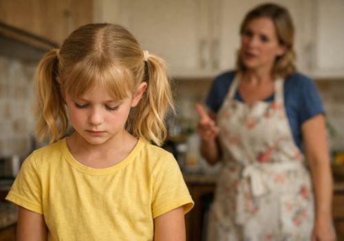 young girl looking confused while her mother talks to her in the kitchen