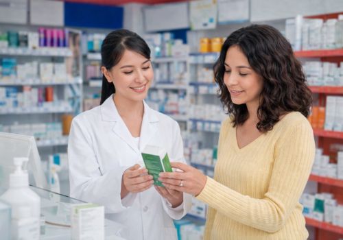 woman checking skincare product label with pharmacist to choose hyaluronic acid product