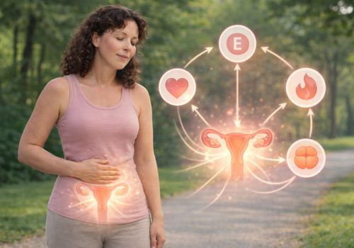 Midlife woman standing in a park with a visual diagram illustrating how estrogen influences metabolism, energy, and fat distribution.