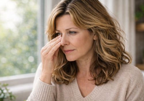 Woman experiencing under-eye irritation linked to histamine and menopause allergies