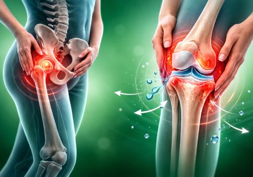 illustration showing hip and knee joint inflammation and how hyaluronic acid supports joint lubrication and mobility