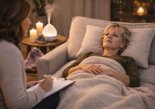 woman lying on couch with head on pillow during hypnosis session trying to focus
