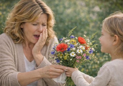 midlife woman reacting to wildflowers with allergy symptoms during menopause while receiving a bouquet from her granddaughter