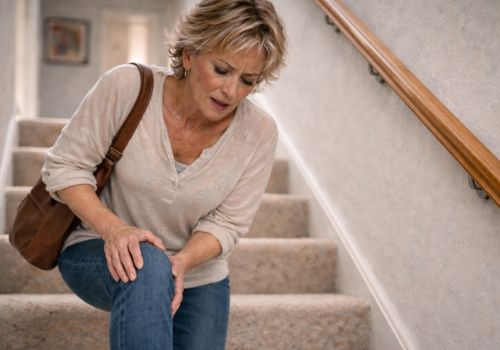 woman sweating and holding her knee while walking down stairs during menopause