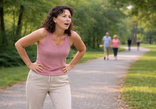 Midlife woman in her late 40s catching her breath while jogging in a park, standing with hands on hips as people walk in the background.