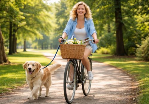 midlife woman cycling in a park with golden retriever representing active healthy aging and menopause wellbeing