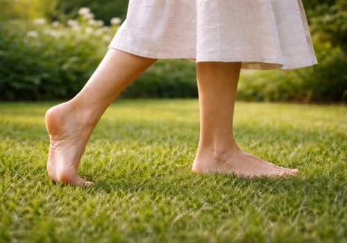 woman walking barefoot on grass foot activation after 40