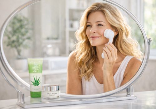 Woman over 40 using a facial cleansing brush in her skincare routine in front of a vanity mirror