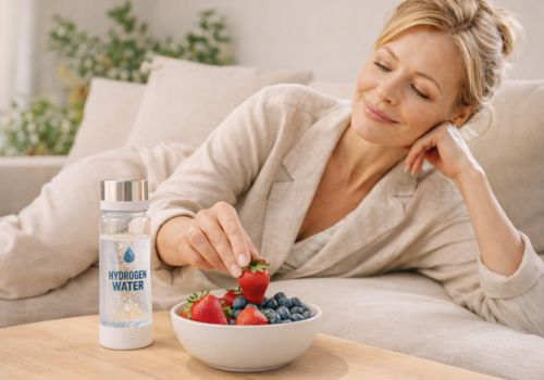 Woman over 40 relaxing on a sofa eating fresh strawberries and blueberries with a water bottle nearby