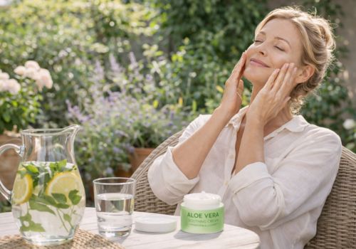 Woman over 40 applying moisturizer outdoors in a garden with lemon mint water on a sunny spring day
