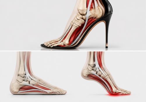 Anatomical comparison showing foot alignment, muscles, and pressure changes caused by high heels during menopause and aging