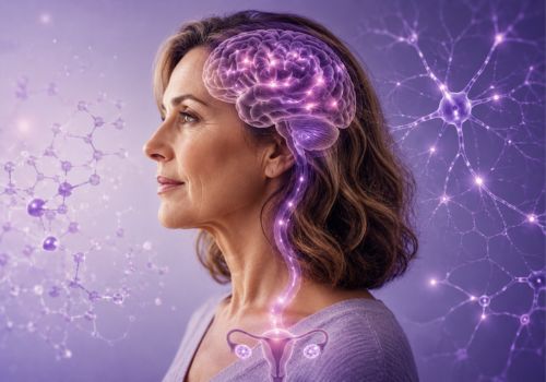 Scientific illustration of a middle-aged woman showing the brain, neural connections, and reproductive system during perimenopause.