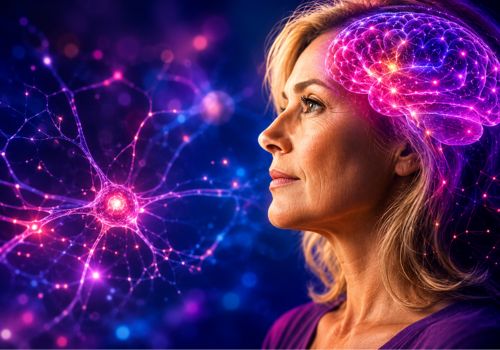 Woman with glowing brain illustration representing menopause brain fog, cognitive changes, and neurological research during midlife.