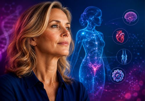 Menopause Research Middle-aged woman with glowing anatomical and nervous-system overlays representing the systemic biological changes of menopause and healthy aging
