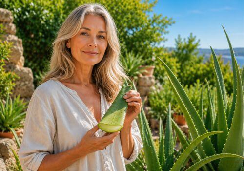 Woman holding a fresh aloe vera leaf in a lush garden.