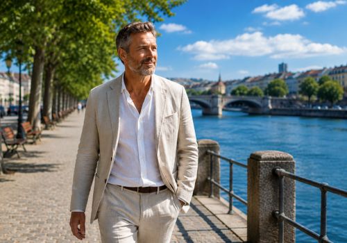 Middle-aged man walking along a riverside promenade in a linen suit, representing healthy aging and andropause