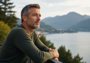 Thoughtful middle-aged man outdoors reflecting on healthy aging and hormonal changes in midlife