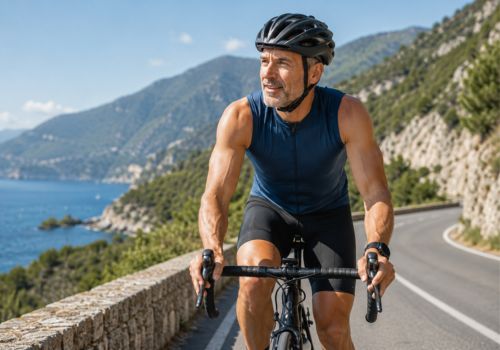 Active middle-aged man cycling showing healthy aging and testosterone levels during andropause