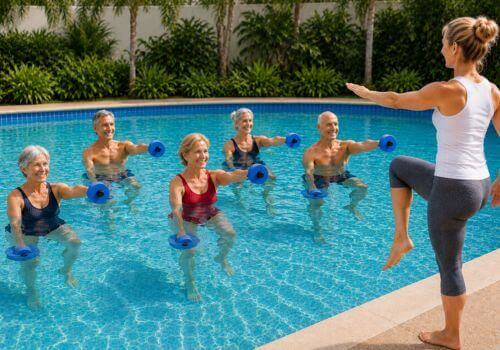Qualified Aqua Pilates instructor leading a mixed group of middle-aged and older adults performing chest-deep water exercises with foam dumbbells in a swimming pool.