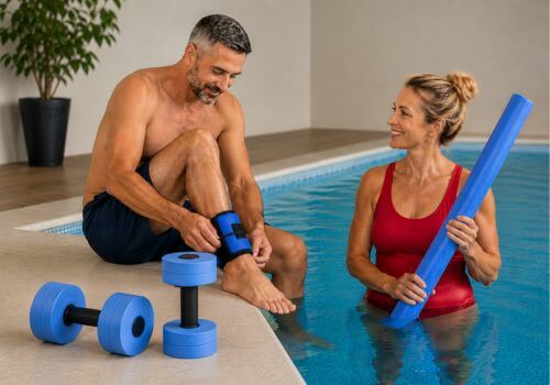 Man fitting buoyant ankle floats beside a swimming pool while a woman holds a pool noodle. Foam dumbbells rest on the pool edge before an Aqua Pilates workout.