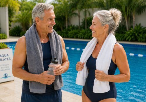 Middle-aged man and woman smiling and chatting beside a swimming pool after an Aqua Pilates session with towels around their shoulders.