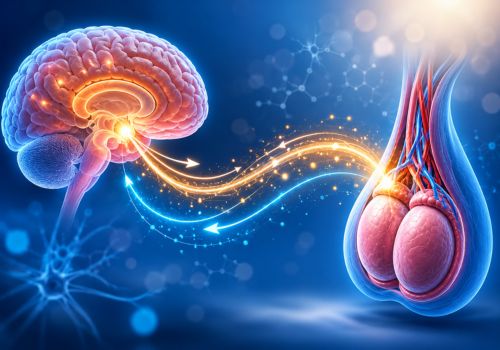 Illustration showing hormonal communication between the brain and testes through the HPG axis and testosterone signaling pathway