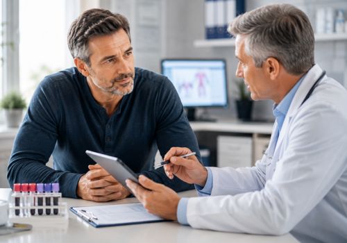 Middle-aged man discussing blood test results and hormone health with a healthcare professional