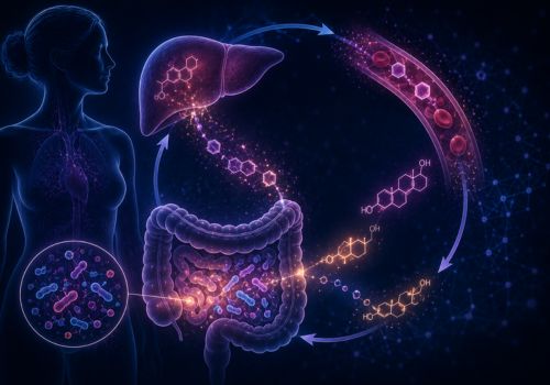 Illustration showing how gut bacteria may recycle estrogen through the liver, intestines, and bloodstream