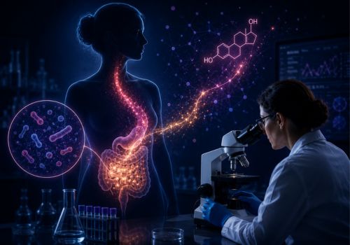 Illustration of a researcher studying the connection between the gut microbiome and estrogen during menopause