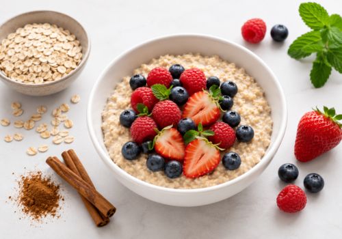 Bowl of oatmeal with berries, rolled oats and cinnamon used in the traditional German Haferkur for cholesterol support during menopause