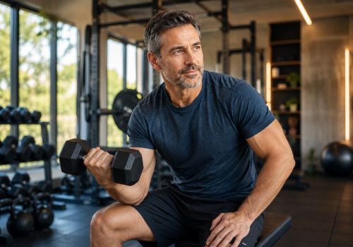 Middle-aged man performing resistance training with dumbbells in a modern gym to support muscle health and healthy aging