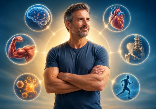 Illustration showing a middle-aged man surrounded by symbols representing brain function, muscle health, metabolism, bone health, cardiovascular health, and physical activity