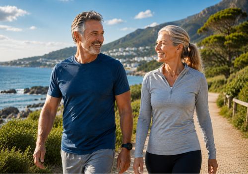 Testosterone in men and women after 40, healthy middle-aged couple enjoying an active lifestyle outdoors